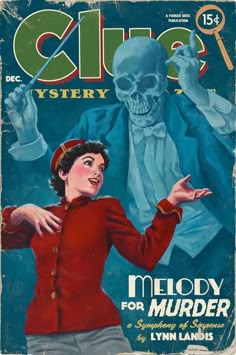 an old magazine cover with a woman in red and a skeleton on the back ground