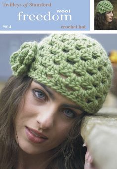 a woman wearing a green crochet hat with the words,'tweeds of stanford