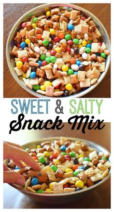 sweet and salty snack mix in a pan with the words, sweet and salty snack mix