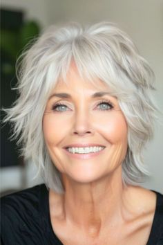 Here's a face-framing shag that frames your features with its soft, tapered edges. This short style has a vibrant silver shade with piecey layers. Click here to see more short shag hairstyles for women over 60. Short Blonde Shag, Short Wolf Haircut, Grey Haircuts, Rocker Hair, Short Shaggy Haircuts, Short White Hair, Wolf Haircut, Short Shag Haircuts