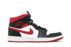 The Air Jordan 1 Mid ‘Black Gym Red’ steps out in a familiar color scheme that honors the Jordan franchise’s Chicago roots. The sneaker’s white leather upper is contrasted by black overlays and a crimson Nike Swoosh. Additional hits of Gym Red land on the padded collar and rubber outsole, as well as the Jumpman logo on the woven tongue tag and a retro Wings logo debossed on the lateral ankle. Standard Air Jordan 1 design features remain intact, including variable width lacing, a perforated toe box and breathable nylon tongue. Jordan 1 Mid Black, Air Jordan 1 Mid Black, Jordan 1 Mid White, Red Jordans, Basket Style, Black Jordans, Nike Models, Jordan Red, Red Nike