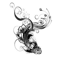 a black and white drawing of a fish with swirls on it's tail