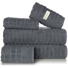 three towels stacked on top of each other in grey colors with white tags attached to them