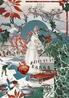 a christmas scene with people and cars in the snow, including an old fashioned car