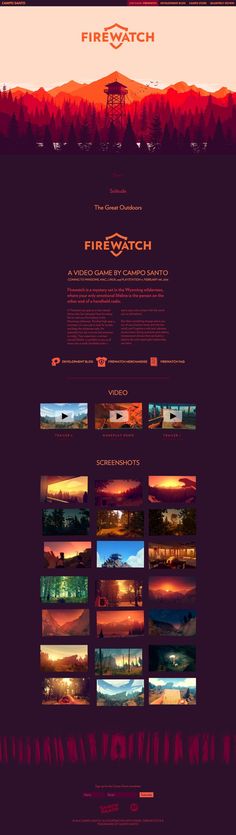 the website design for firewatch is shown in red and purple tones, with an image of