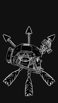 a black and white drawing of a helmet with arrows pointing up at it's center