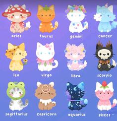 a bunch of cats that are all in different colors and sizes on a purple background