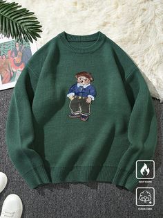 1pc Men's Bear Patch Round Neck Long Sleeve Sweater Pullover Army Green Casual  Long Sleeve Fabric Animal,Cartoon Pullovers Slight Stretch  Men Clothing, size features are:Bust: ,Length: ,Sleeve Length: Bald Men, Fabric Animals, Dark Jeans, Knitwear Men, Sweater Pullover, Pullover Men, Plus Size Blouses, Men Clothing, Sleeve Sweater