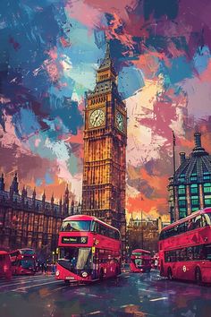 a painting of big ben and red double decker buses in london, england at sunset