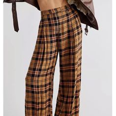 Free People Lyla Menswear Plaid Trouser Slouchy Wide Leg Olive Black Rose New With Tags * Size: 4 Retail Price: $148 Linen * Viscose * Trim Viscose 30" Around Waist Relaxed 15" Rise 27" Inseam Please Note Line Through Tag To Prevent Store Return Tube Top Jumpsuit, Sparkly Jumpsuit, Free People Romper, Cropped Flare Pants, Plaid Trousers, Drop Crotch Pants, Cropped Wide Leg Pants, Flared Leggings, Sweater Jumpsuit