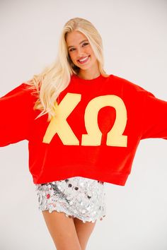 CHI OMEGA RED PULLOVER PULLOVER Judith March Chi Omega Merch, Omega Red, Merch Ideas, Red Pullover, Greek Letters, Chi Omega, Ole Miss, Go Ahead, Stay Cozy