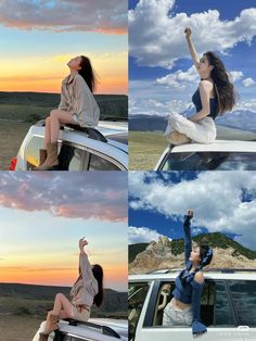 three pictures of a woman sitting on the roof of a car and reaching up in the air