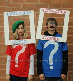 two people wearing costumes with question marks on them