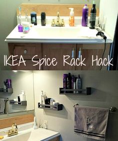 a bathroom with sink, mirror and shelf above it that says ikea spice rack hack