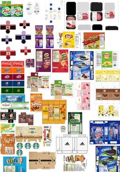 an assortment of food and snacks are shown in this graphic style, including candy bars, chips