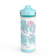 a blue and white water bottle with flowers on it