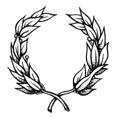 a black and white drawing of a wreath with two leaves on the end, vintage line drawing or engraving illustration