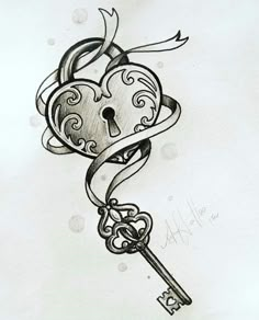 a drawing of a key with a heart shaped lock attached to it's side