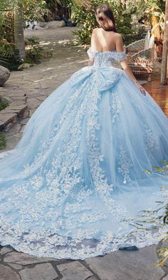 a woman in a blue ball gown standing on a stone path with her back to the camera