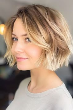 Chin Length Highlighted Bob Hairstyle For Thin Hair. Thick Hair Chin Length Bob, Best Haircuts For Women With Thinning Hair, Short Highlighted Bob, Julianna Hough Hair Short Bobs, Hairstyles Chin Length Hair, Hairstyle Women 2024, Hair Color To Make Hair Look Thicker, Cute Short Length Hairstyles, Short Blonde Bob Hairstyles Fine Hair