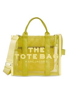 Transparent tote enhanced by appliqué logo lettering and mesh paneling. Top zip closure Interior zip compartment 100% nylon Spot clean Imported SIZE Double top handles, 5 drop Removable, adjustable crossbody strap, 27.5 drop 16.5W x 13H x 6.75D. Women > Handbags > Totes. Marc Jacobs. Color: Bright Green. Marc Jacobs Logo, Medium Tote Bag, Yellow Handbag, Small Tote Bag, Marc Jacobs Bag, Medium Tote, Small Tote, Garden Tote, Green Bag