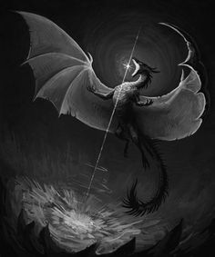 a black and white drawing of a dragon flying through the air with a spear in its mouth