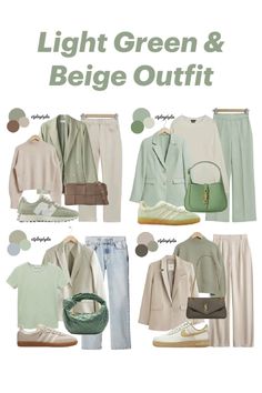 Sage Pants Outfit Color Combos, Mint Green Trousers Outfit, Soft Green Outfit Aesthetic, Light Green Outfits For Women, Pale Green Outfit, Beige And Green Outfit, Green Beige Outfit, Light Spring Outfits, Light Green Outfit