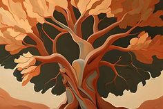 a painting of a tree with orange leaves