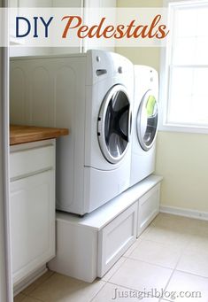 a washer and dryer sitting next to each other in a room with the words diy pedestals