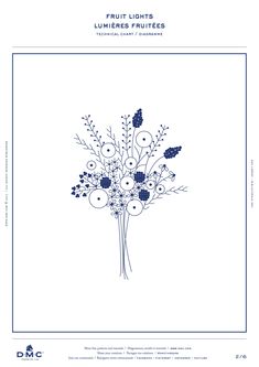 a blue and white poster with flowers in the center, on top of a white background