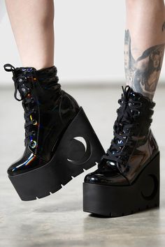 Diana Crescent Wedge Boots [BLACK HOLOGRAPHIC] | Killstar Monster High Aesthetic Outfit, Goth Platform Shoes, Holographic Boots, Holographic Black, Goth Things, Black Holographic, Cute Ankle Boots, Goth Shoes, Goth Boots