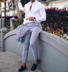 Business wear for men cc: menithclass White Shirt Outfits, Men Fashion Casual, Outfits For Men, Fashion Suits