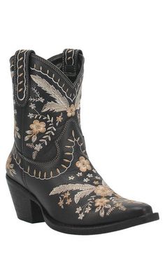 Intricate embroidery details the leather upper of a Western-style boot elevated on a short block heel. 2 1/2" heel 7 1/2" shaft Removable insole Leather upper/textile lining/synthetic sole Imported