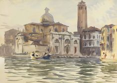 a painting of some buildings in the water