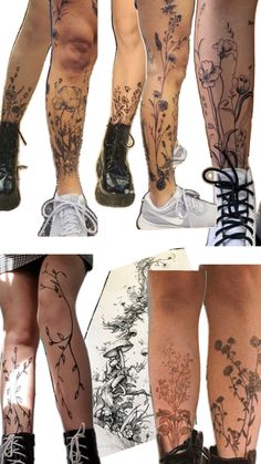 four different images of legs with tattoos on them