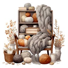 a painting of yarn and knitting supplies on a chair