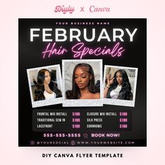 February Hair Special Flyer, Hair Salon Wig Sale Price List, February Bookings Available, Hairstylist Wig Install Instagram Canva Template ♡ Important Note ♡ This is a DIGITAL PRODUCT MADE FOR CANVA and no physical product will be shipped. The template ONLY WORKS WITH CANVA. This flyer template is perfect for small businesses such as beauty salons; hair, lash, nail salons or spa businesses. The template is easy to customize and will elevate your business to the next level. With the super easy on Hair Price List Ideas, Hair Promotions Ideas, Hairstylist Flyer Ideas, Hairstylist Price List Template, Hair Business Names Ideas, Hair Flyers Ideas, Hair Flyers Ideas Canva, Hair Services Flyer, Hair Business Flyer