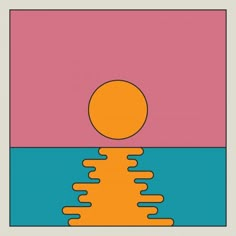 an orange ball floating on top of a body of water in front of a pink and blue background