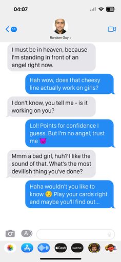 Screenshot of a conversation on Tinder between Random Guy and Danielle Rizz Pick-up Line Flirty, Flirty Pick Up Lines, Cheesy Lines, Pick Up Line, Play Your Cards Right, Pick Up Lines, Bad Girl, Diva, Pick Up