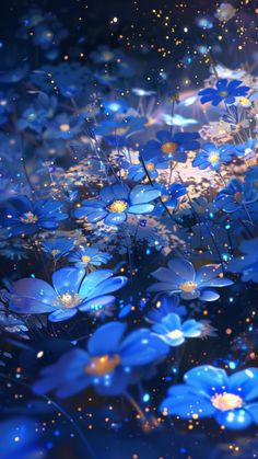 blue flowers are floating in the air with sparkles on them and stars falling around