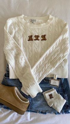 fall sweater, autumn season, fall outfit, fall aesthetic, embroidered teddy bear top, cozy sweater College Sweater Aesthetic, Teddy Bear Aesthetic Outfit, Cute Sweaters Aesthetic, Teddy Sweater Outfit, Teddy Bear Sweater Outfit, Cute Fall Sweaters, Cable Knit Sweater Outfit, Cutesy Clothes, Kawaii Summer