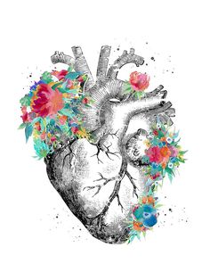 a drawing of a human heart with flowers on the side and watercolor splashs all over it