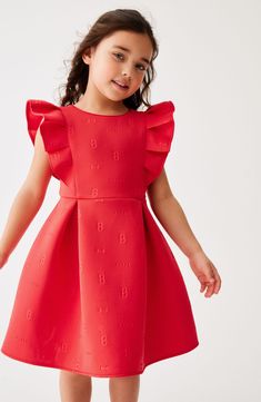 Your little one will brighten any special occasion in this ruffle-shoulder dress made from a logo-embossed scuba knit. Hidden back-zip closure Lined 86% polyester, 14% elastane Machine wash, line dry Imported Ruffle Shoulder Dress, Scuba Knit, Hairstyling Products, Scuba Dress, Beauty Sale, Fragrance Design, Free Fabric, Nordstrom Dresses, Next Uk