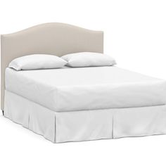 a bed with white sheets and pillows on it's headboard, in front of a white background