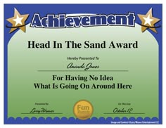 an award certificate for achievement with stars on the top and below it's 5 o'clock somewhere