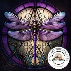 a purple dragonfly sitting on top of a stained glass window