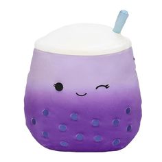 a purple and blue cup with a face on it