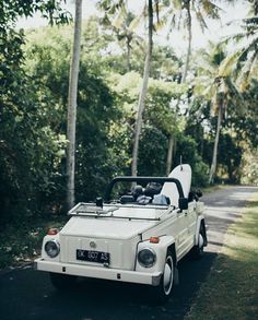 a white car parked on the side of a road next to palm trees and grass