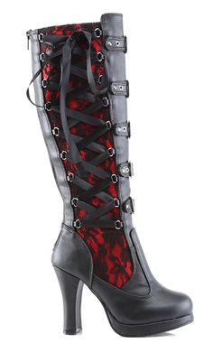 CRYPTO-106 Black & Red Lace Knee High Boots-Demonia-Tragic Beautiful Draculaura Cosplay Boots, Red Witchy Boots, Black Lace Ribbon, Hologram Shoes, Emo Boots, Lace Knee High Boots, Ribbon Corset, Demonia Boots, Alternative Shoes