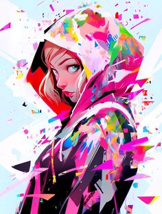 a digital painting of a woman wearing a hoodie and colorful paint splatters